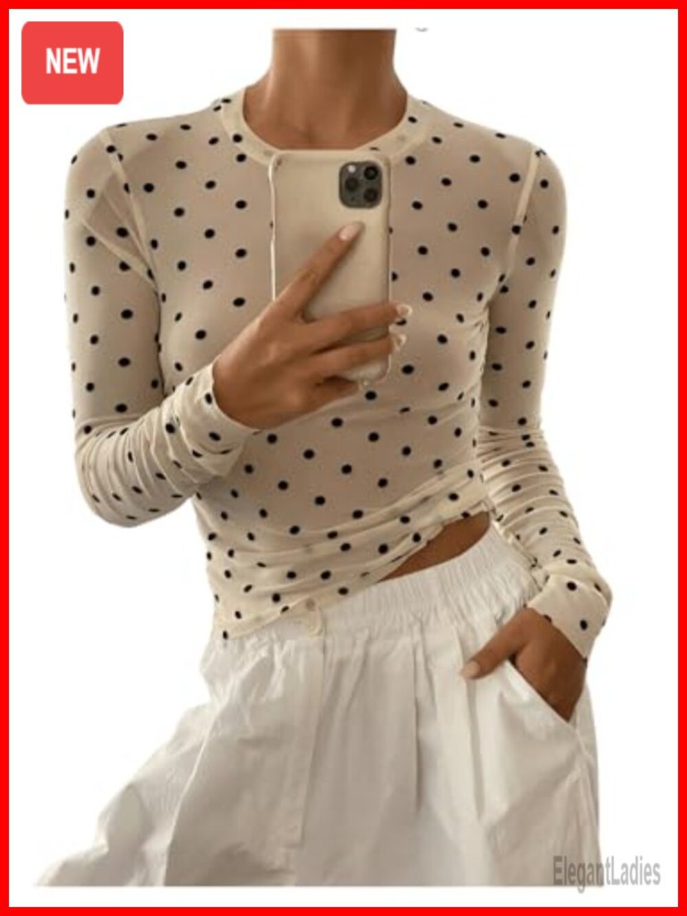 Sheer Mesh Polka Dot Long Sleeve Crop Top